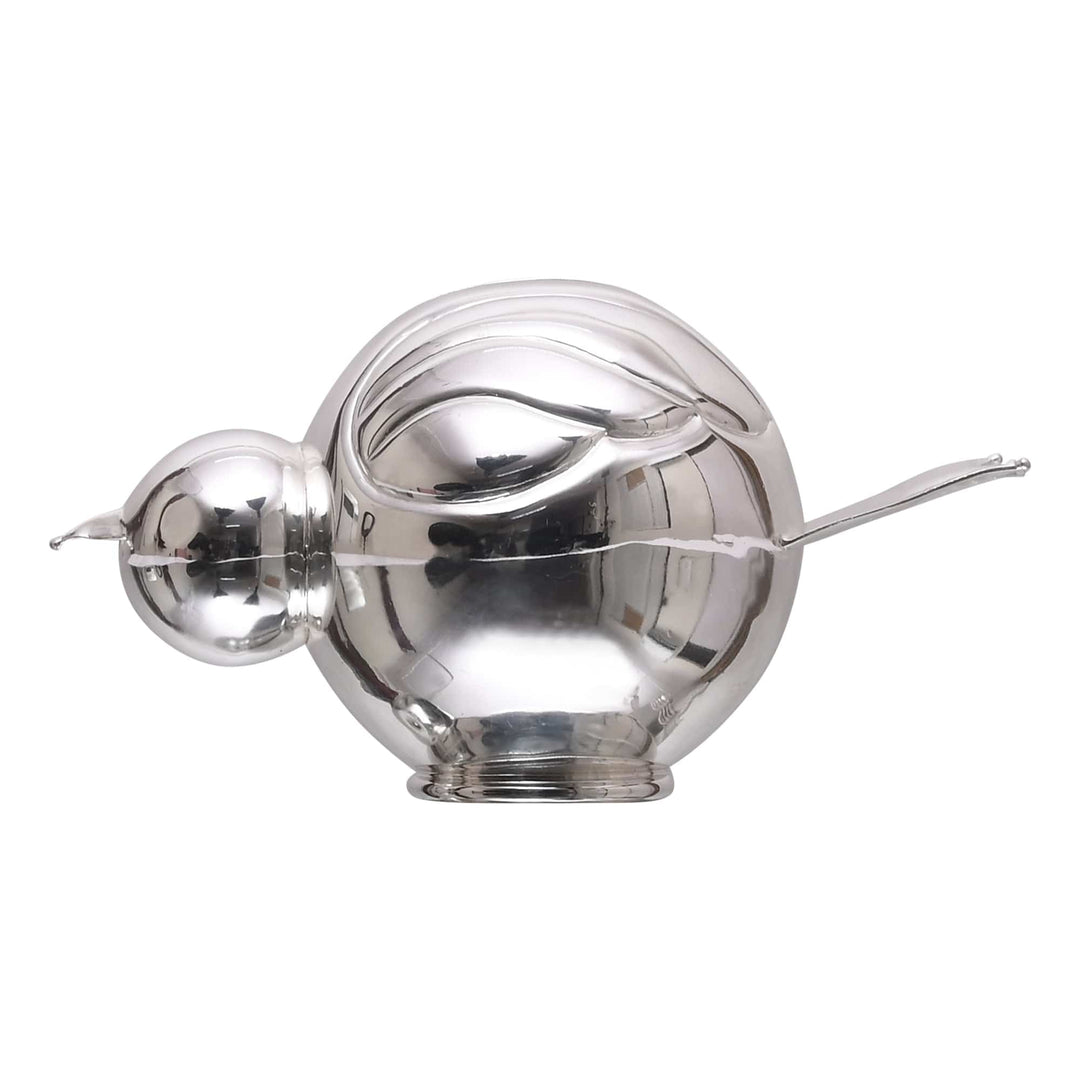Sparrow Piggy Bank is a silver piggy bank shaped like a plump bird - white background
