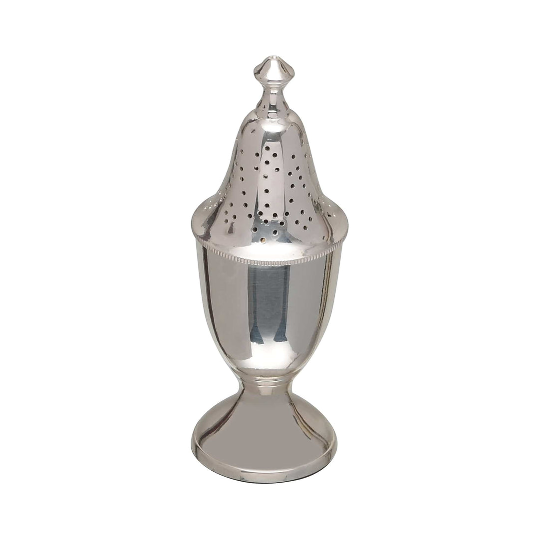 Salt And Pepper Victory pairs two silver shakers shaped like classic urns, each with a pierced dome lid - white background