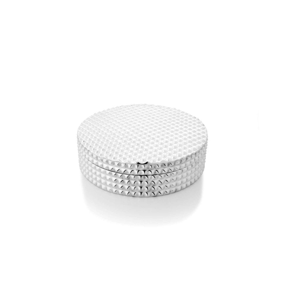 Box Spike Round is a round silver box carrying an allover pyramid-stud pattern across its lid and sides - white background