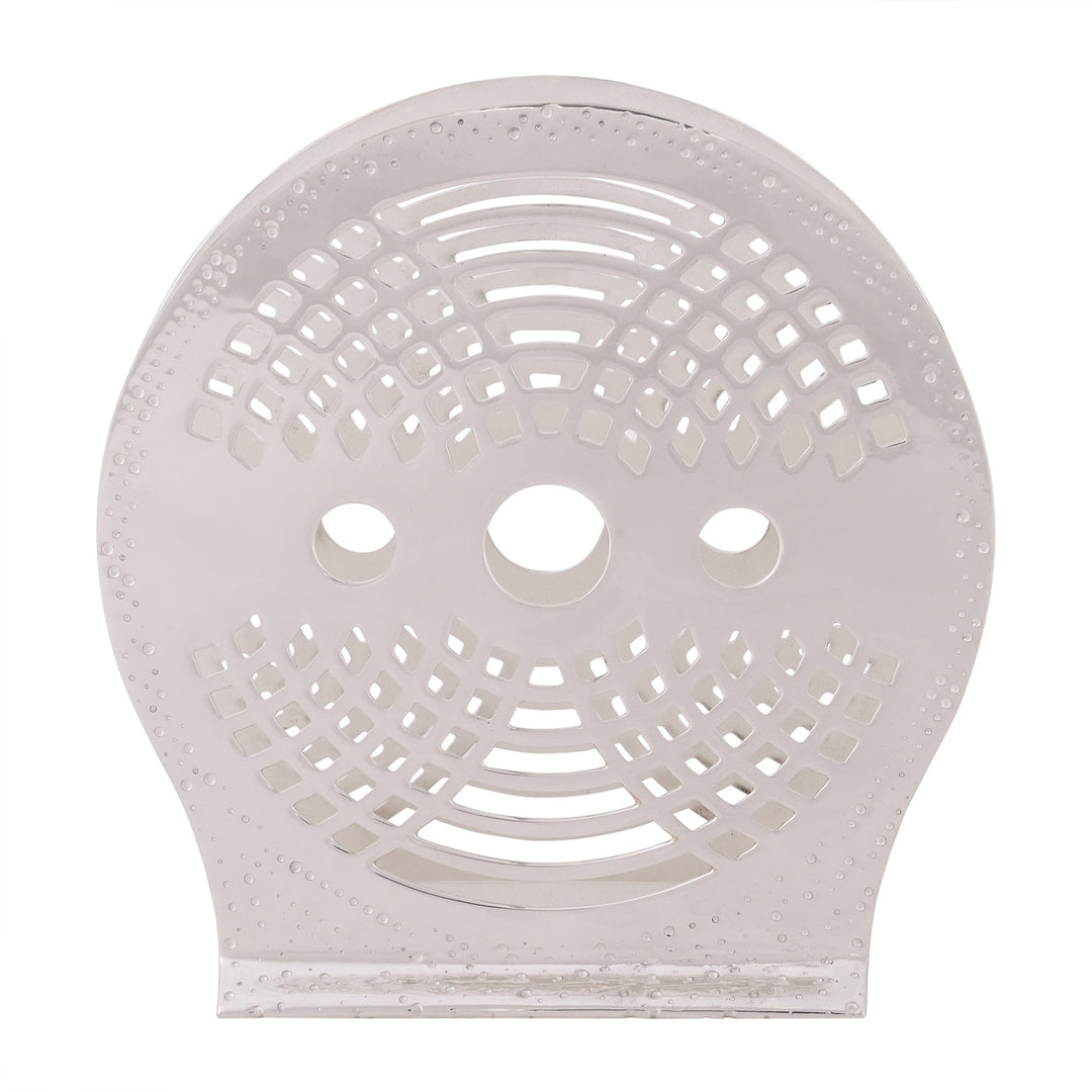 Illusion Loops Napkin Holder spreads a radial cut-out pattern of small diamonds and dotted borders across the rounded plate of this silver napkin holder - white background