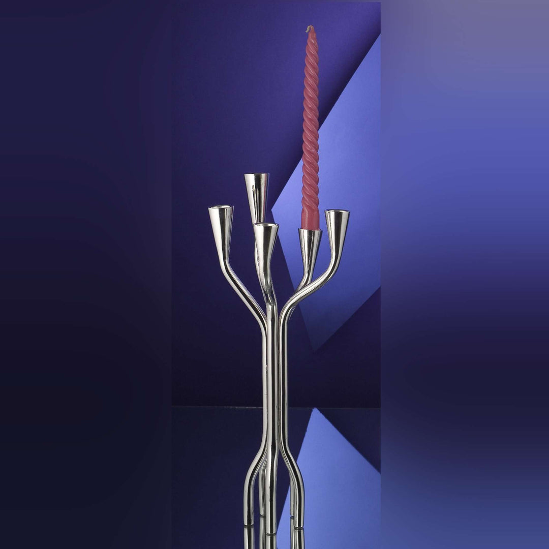 Candle Stand Bunch is a silver candle stand with slim branches rising and forking from a single base - white background