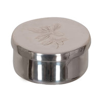 Kesar Sindoor Box is a round silver box for kesar and sindoor - white background