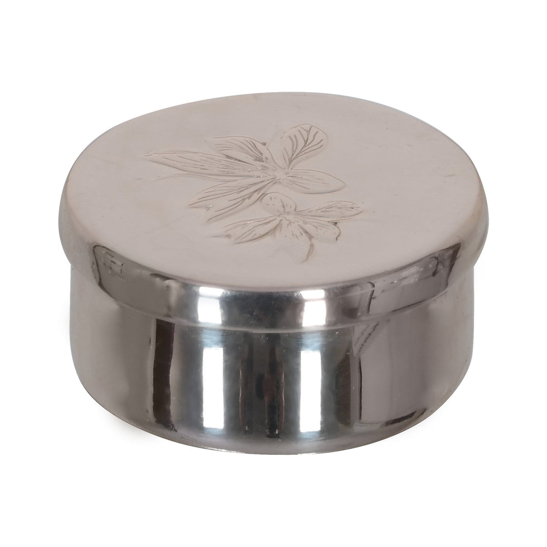 Kesar Sindoor Box is a round silver box for kesar and sindoor - white background