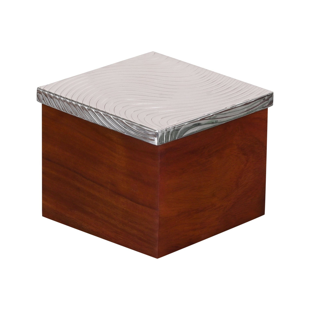 Flow Box is a silver box that pairs a wavy, ridged lid with a warm wood base - white background