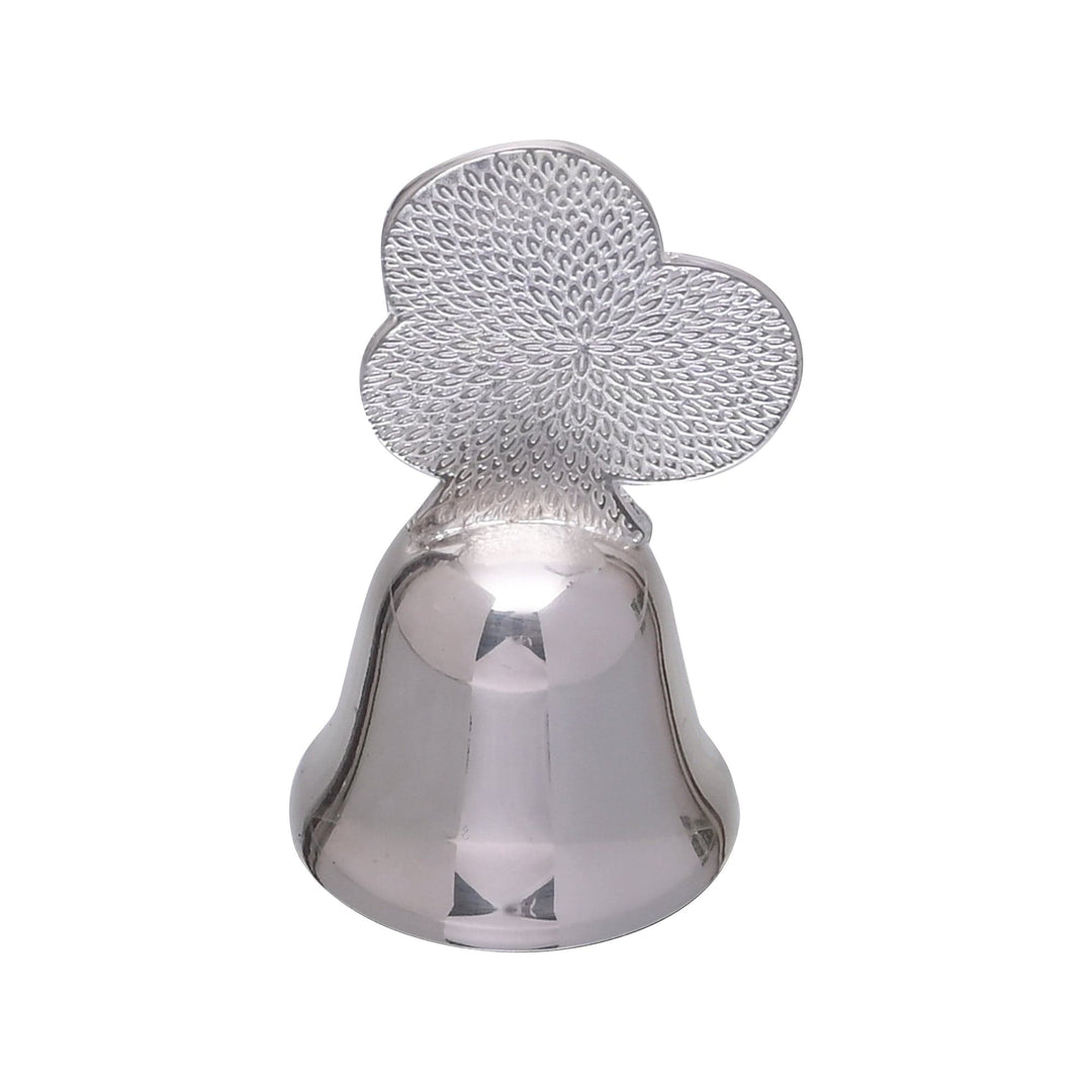 Bell Leela is a smooth, gently flared silver bell topped with a clover-shaped handle, finished in a fine engraved pattern - white background