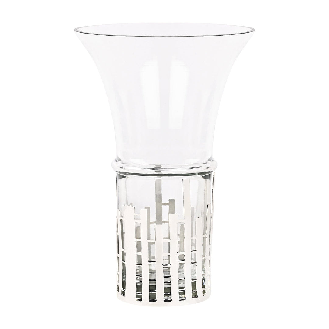 Vase Lamella is a silver vase built around a clear glass trumpet body, with a lattice band at the base that catches the light - white background