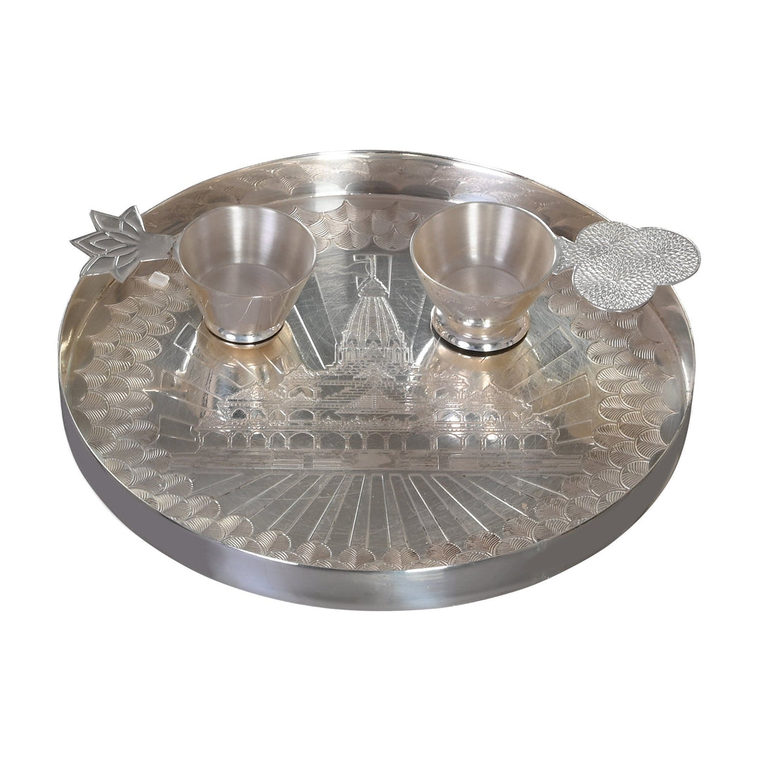 Ram Mandir Thali Set is a silver pooja thali set that brings together a round tray engraved with the facade of the Ram Mandir - white background