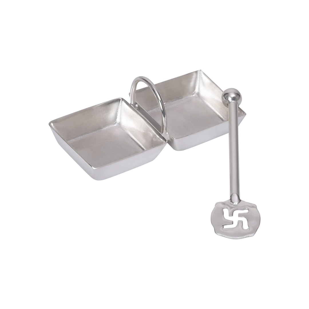 Tilak Container is a silver container that joins two small dishes side by side - white background