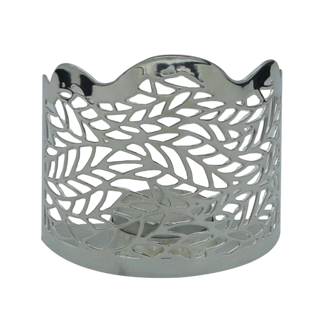 Votive Round Laurel wraps a laurel leaf cutwork pattern around the body of this silver votive - white background