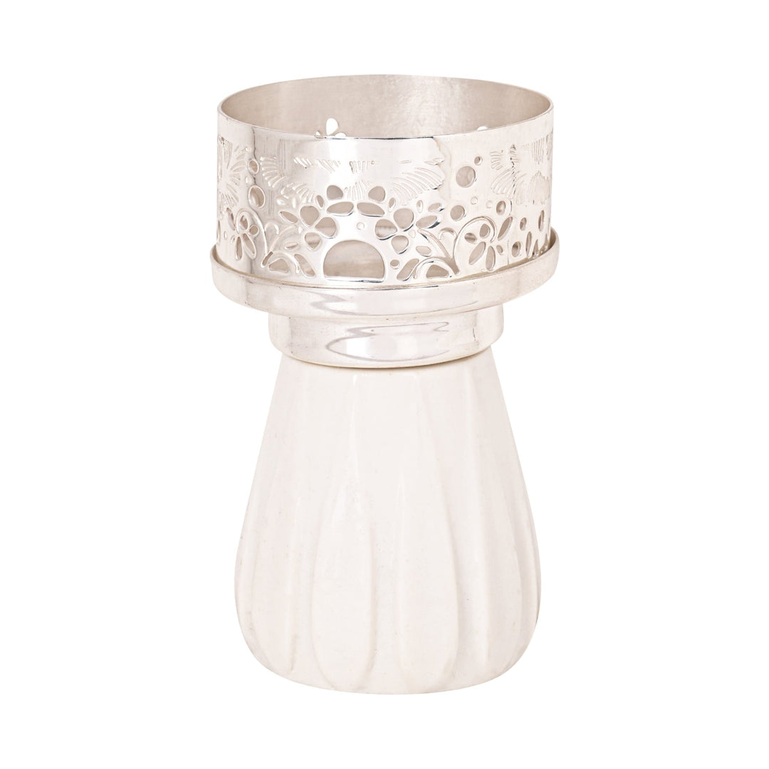 Flower Votive Tower is a silver votive stacking tapering tiers up from a wide base, each level pierced - white background
