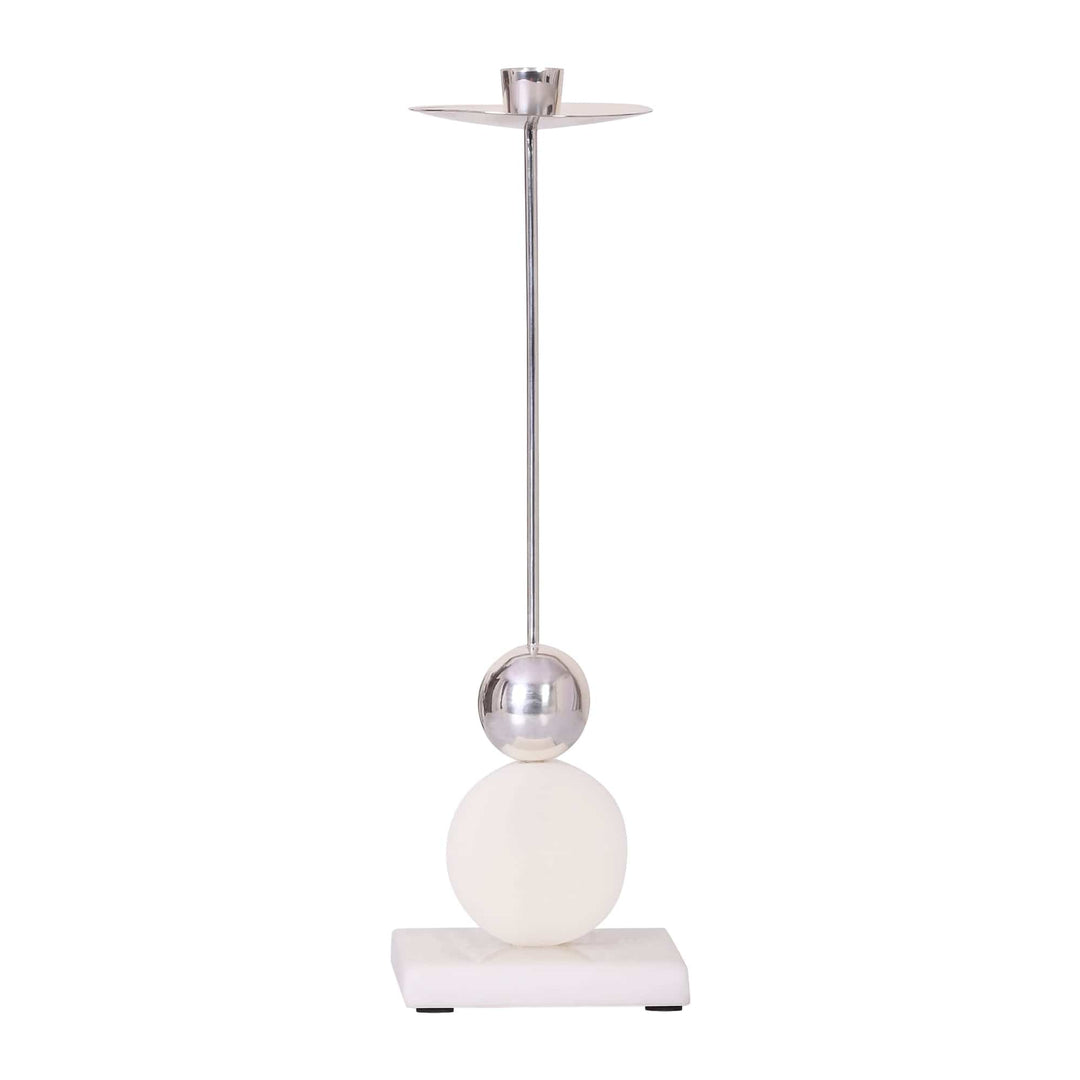 Candlestick Beacon rises as a tall silver candle stand from a slim stem topped with a wide, saucer-style - white background