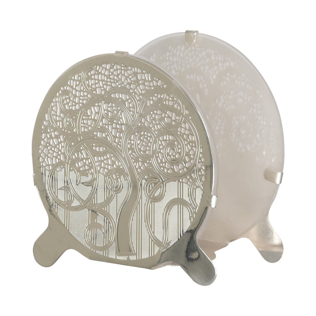 Kalp-Taru T-light is a silver t-light holder made of two round discs, each pierced with a dense - white background