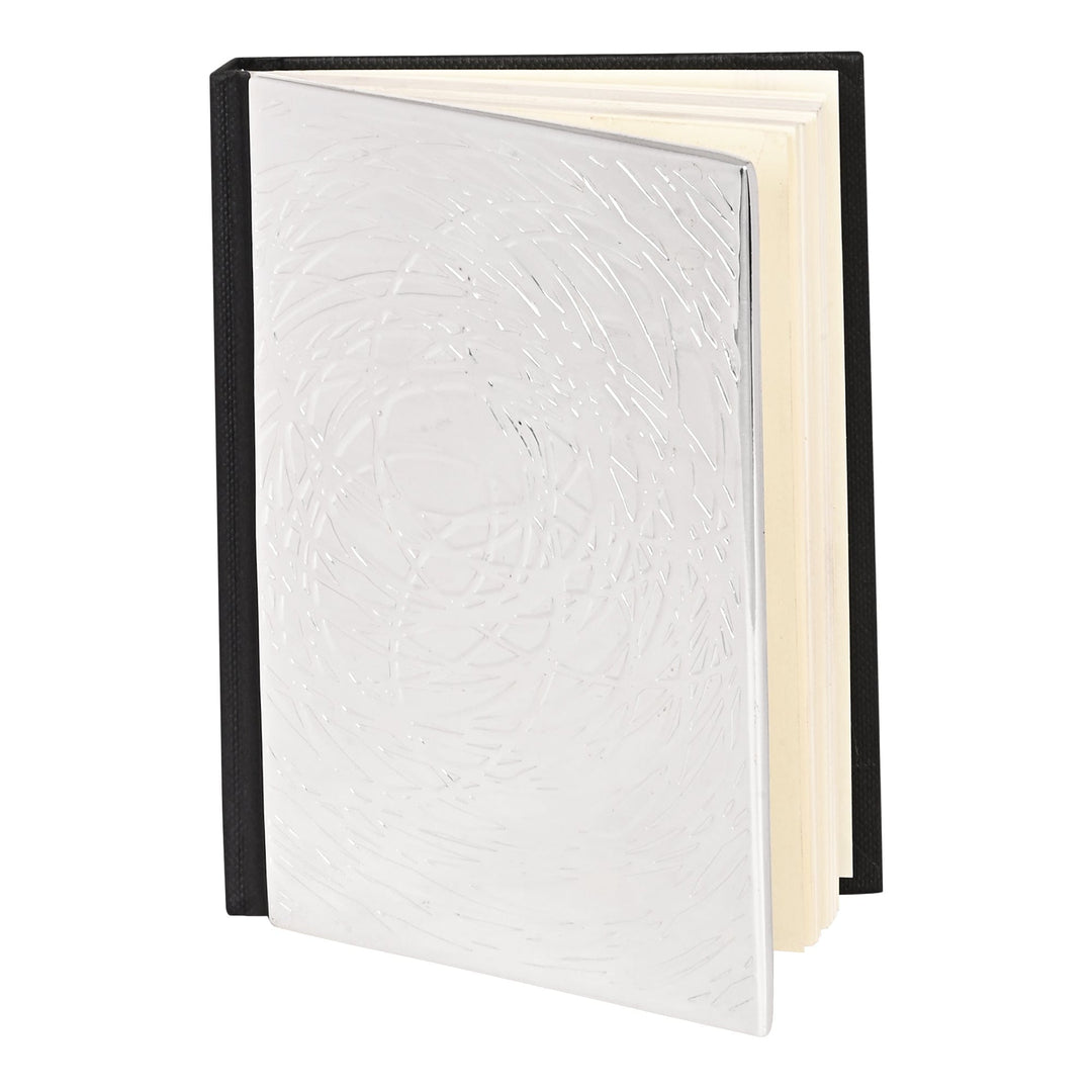 Diary Cover Cosmos embosses a swirling, circular pattern across the face of a silver cover - white background
