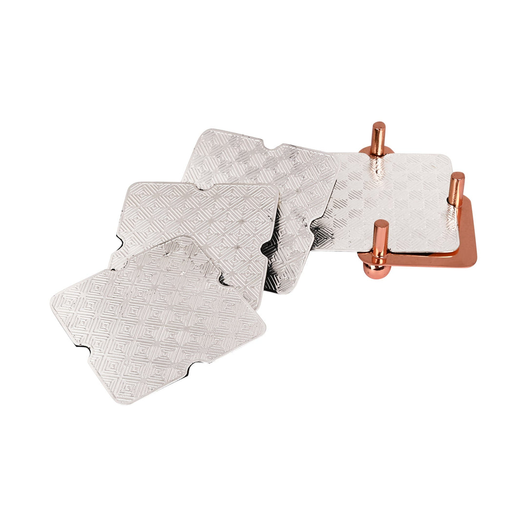Signature Coaster Stand is a silver coaster stand that stacks four square coasters - white background