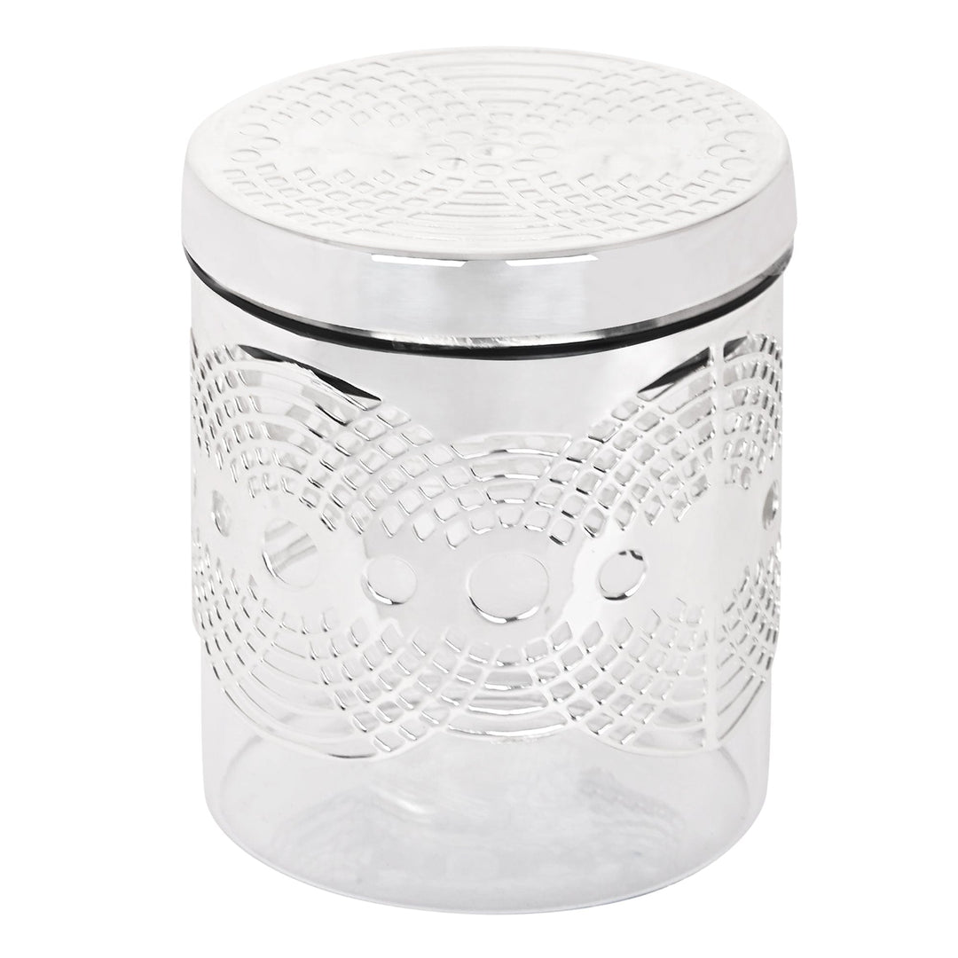 Jar Round Illusion wraps a fine dotted lattice pattern around the clear glass body of a silver jar, topped with a matching pierced lid - white background
