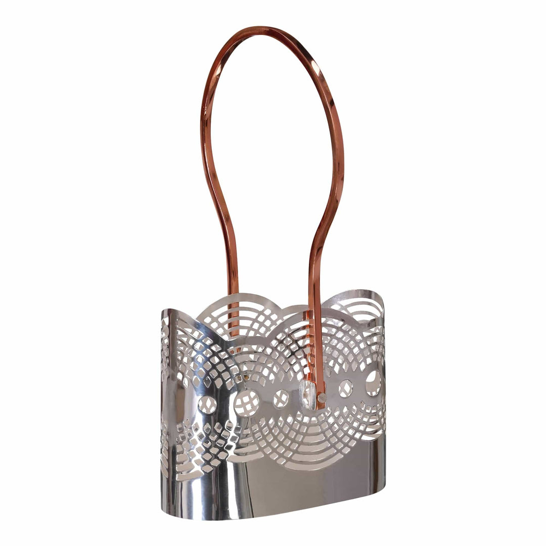 Illusion Loops Wine Bottle Holder is a silver wine bottle holder that carries two wine or champagne bottles side by side in a perforated, lattice-patterned basket - white background