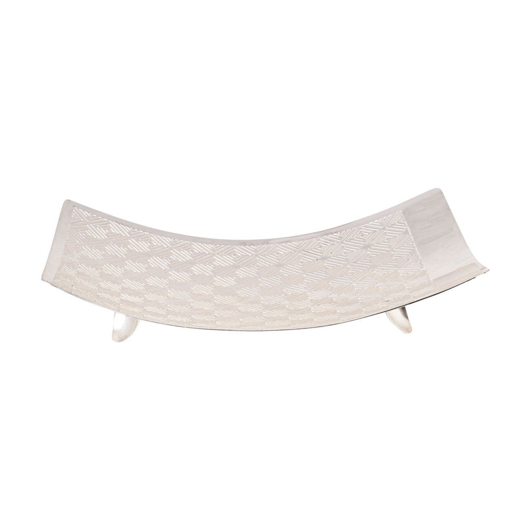 Signature Bowl Rect with Feet is a silver bowl taking a rectangular boat shape for its curved base, lifting onto four short feet - white background