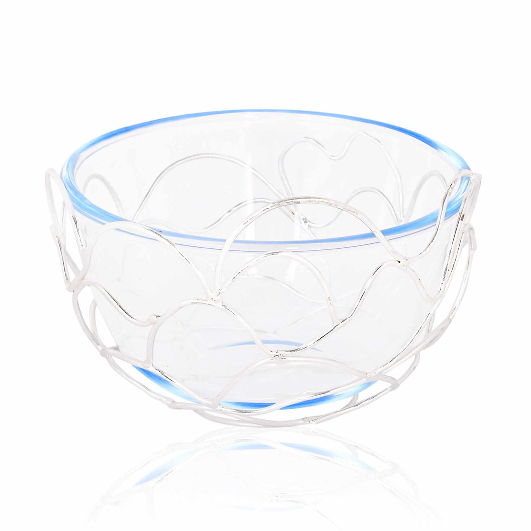 Bowl Round Wire is a silver bowl wrapping a round glass liner in a loose, freeform wire lattice – Small
