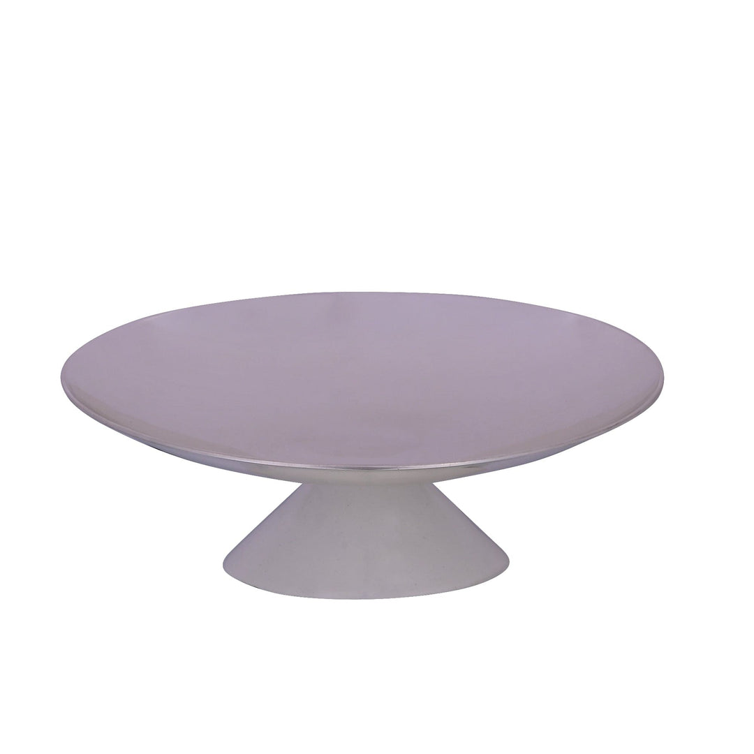 Cake Dish Plain is a wide, flat silver cake dish set on a tapered cone foot - white background