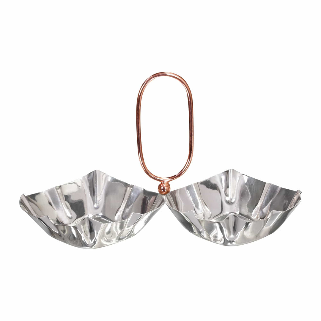 Twin Nut Dish Square joins a pair of crinkled square silver dishes with a rose-gold-toned oval handle - white background
