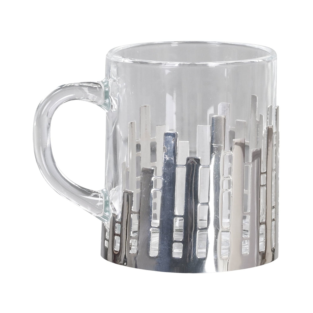 Lamella Cup is a silver cup with a skyscraper-pattern sleeve wrapping its glass body, complete with a clear handle and open top for tea - white background