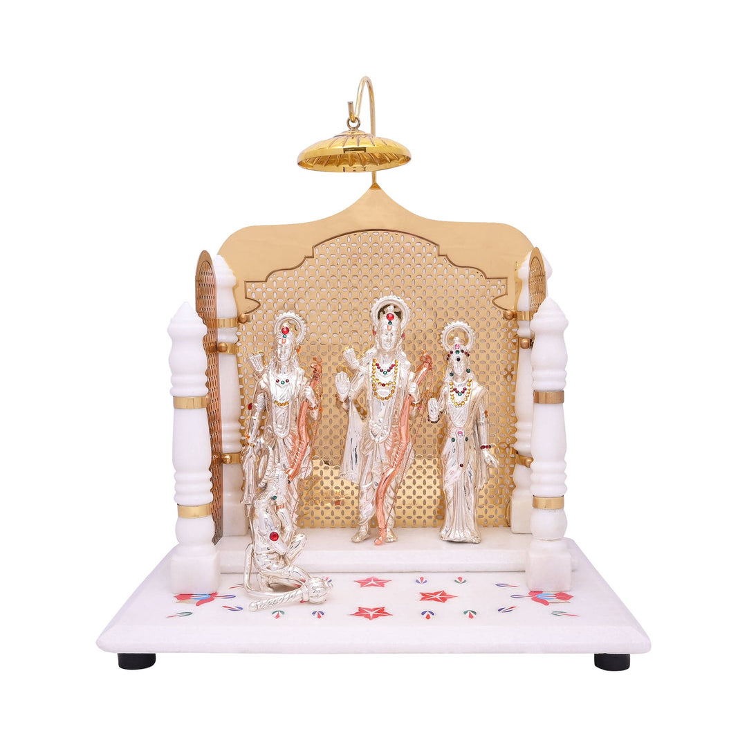 Prabhu Ram Darbar is a sterling silver idol depicting the full Ram Darbar, Ram at the centre with Lakshman and Sita at his sides - white background