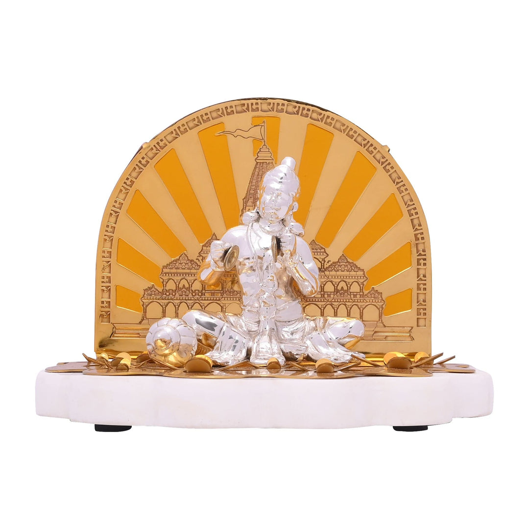 Mahadhyuta Hanuman is a sterling silver Hanuman idol kneeling in silent devotion beneath a sunburst backdrop etched with the Ayodhya temple - white background