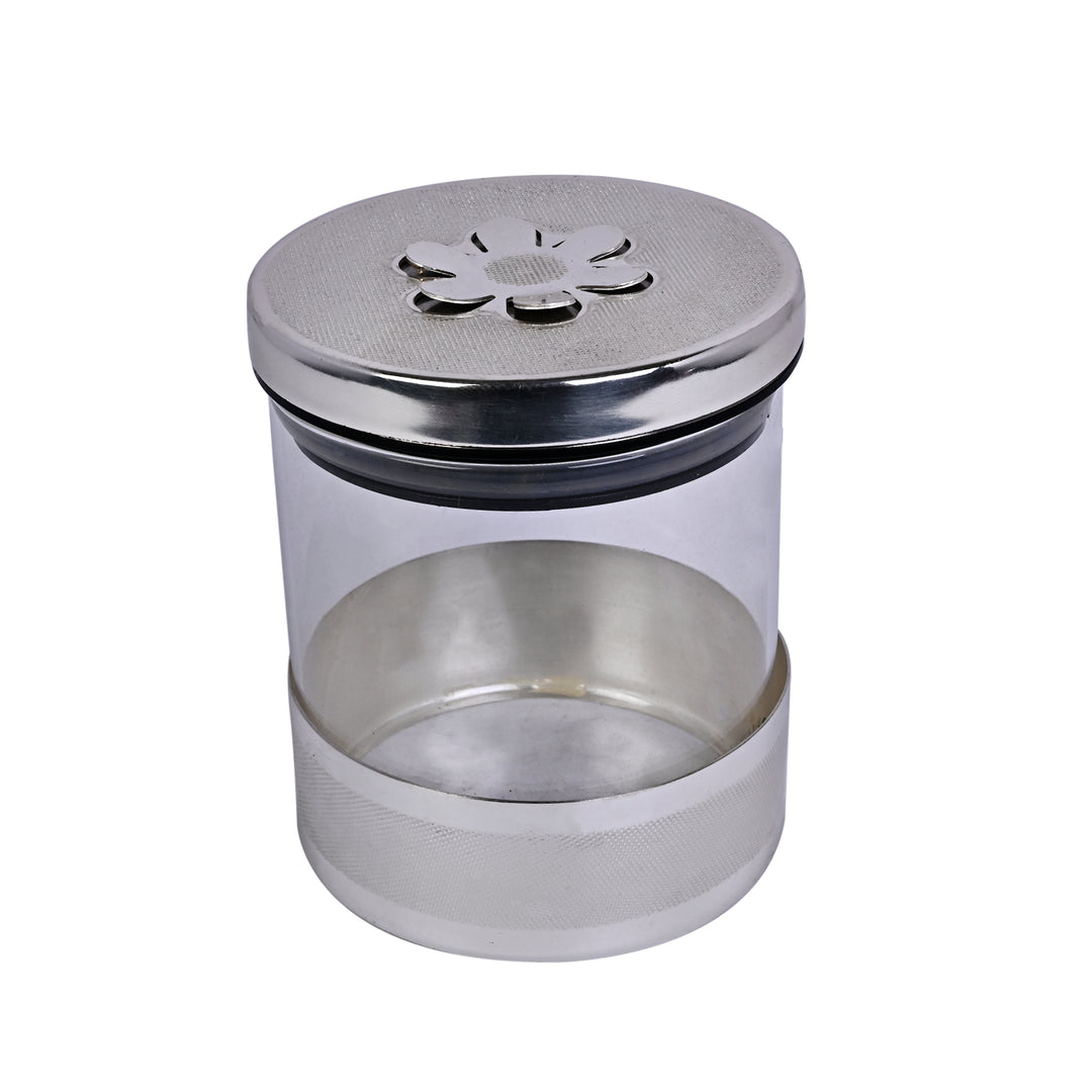 Petal Jar is a silver jar that sits a cylindrical glass body, the lid centred with a flower-shaped cutout that doubles as a vent - white background