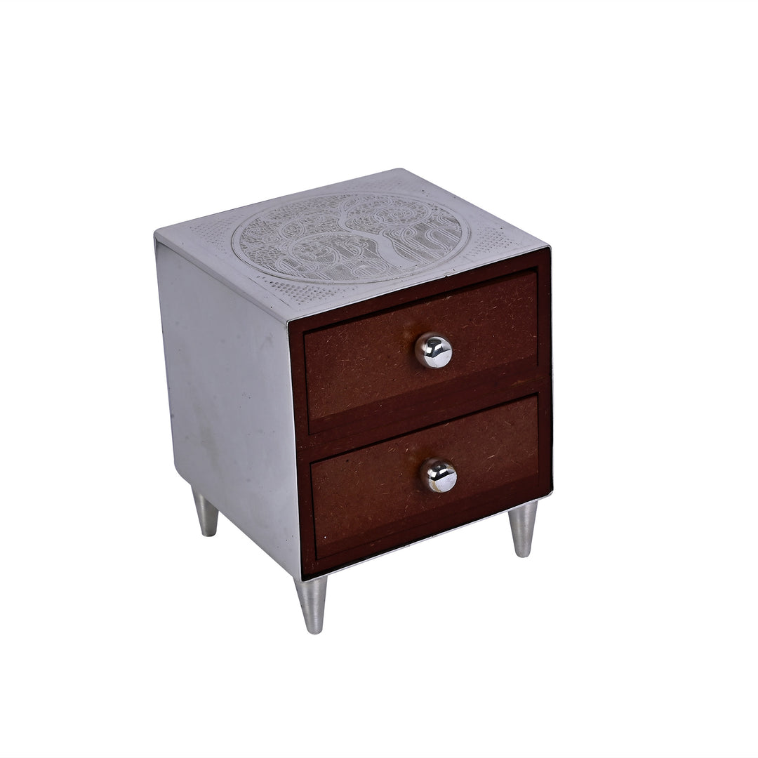 Drawer Box is a silver box shaped like a miniature two-drawer cabinet - white background