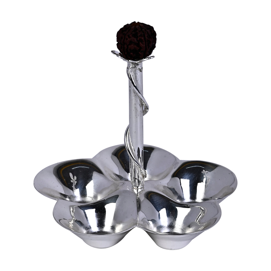 Bloom Diya is a silver diya that arranges three or five wells around a central stem - angle 2