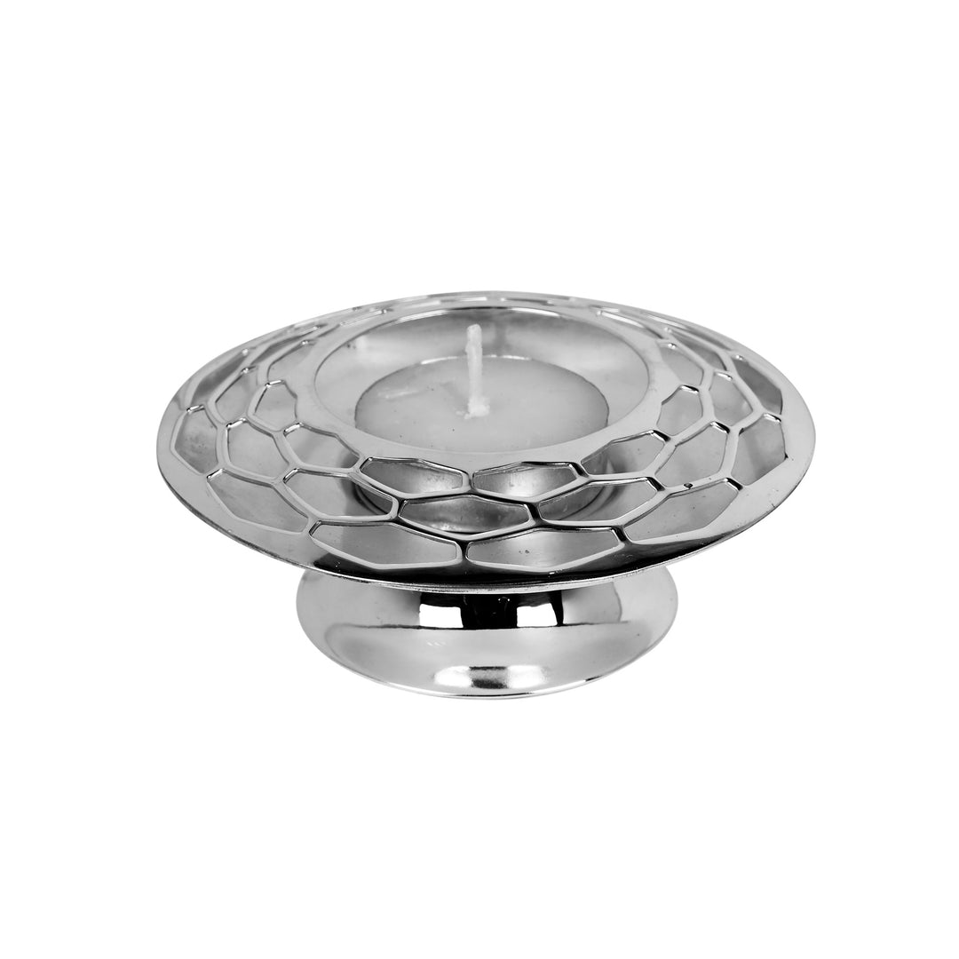 Atman Votive is a silver votive with a wide, shallow bowl shape – Small