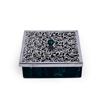 Tree of Life Box Green is a silver box with a filigree lid paired to a deep malachite-green marbled body - white background