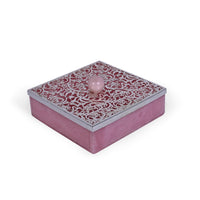 Tree of Life Box Pink is a silver box, its pink lid covered in a dense floral filigree pattern - white background