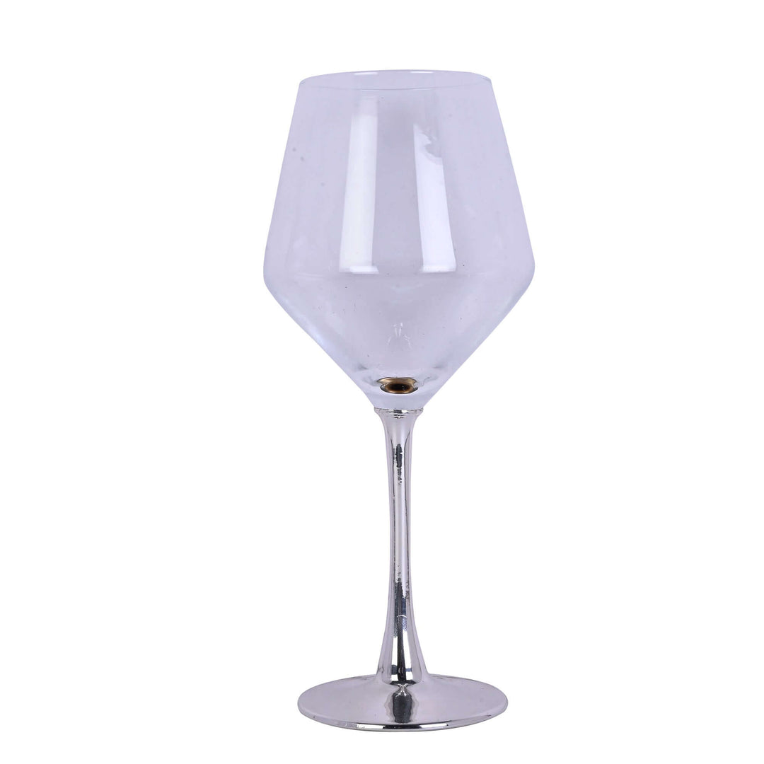 Elegance Wine Glass Set Of 2 pairs a clear, tapered glass bowl with a slender, polished silver stem on each of the two glasses - white background