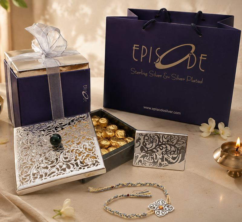 Tree of Life Rakhi Gift Set for Brother, with the green filigree keepsake box, matching card holder and Kavach rakhi