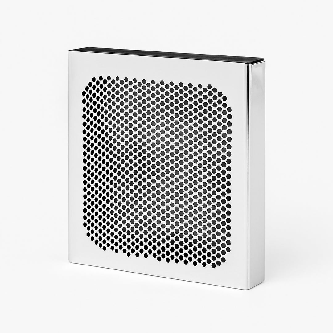 Room Freshener Pomander is a silver pomander pierced with a dense honeycomb pattern across its slim panel - white background