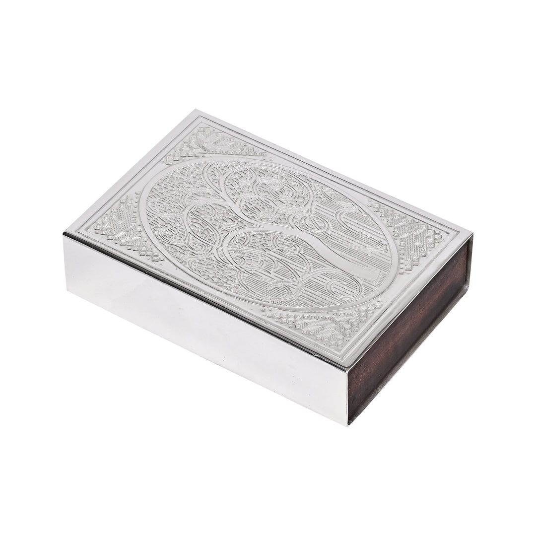 Box Kalpa Tree is a silver box with a tree-of-life motif filling a bordered oval on the lid, its branches rendered in fine, looping lines - white background
