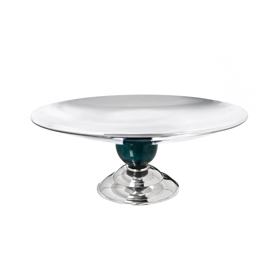 Cake Platter Spherical sets a wide, round silver platter atop a pedestal stem interrupted by a spherical - white background