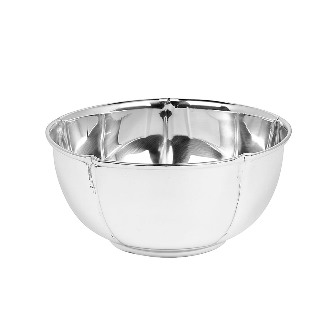 Bowl Ribbed finishes a rounded silver bowl in polished plating - white background