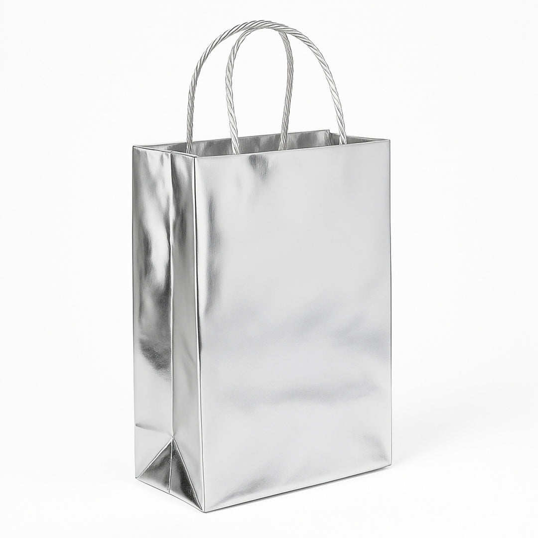 Tote Bag is a metallic silver-tone gift bag with sturdy braided cord handles and a flat, stable base - white background