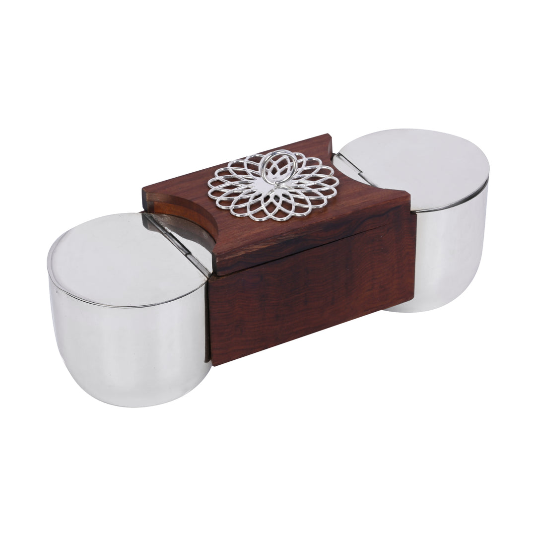 Box Duet is a silver box made of two hinged compartments joined across a walnut-toned wood bridge - white background