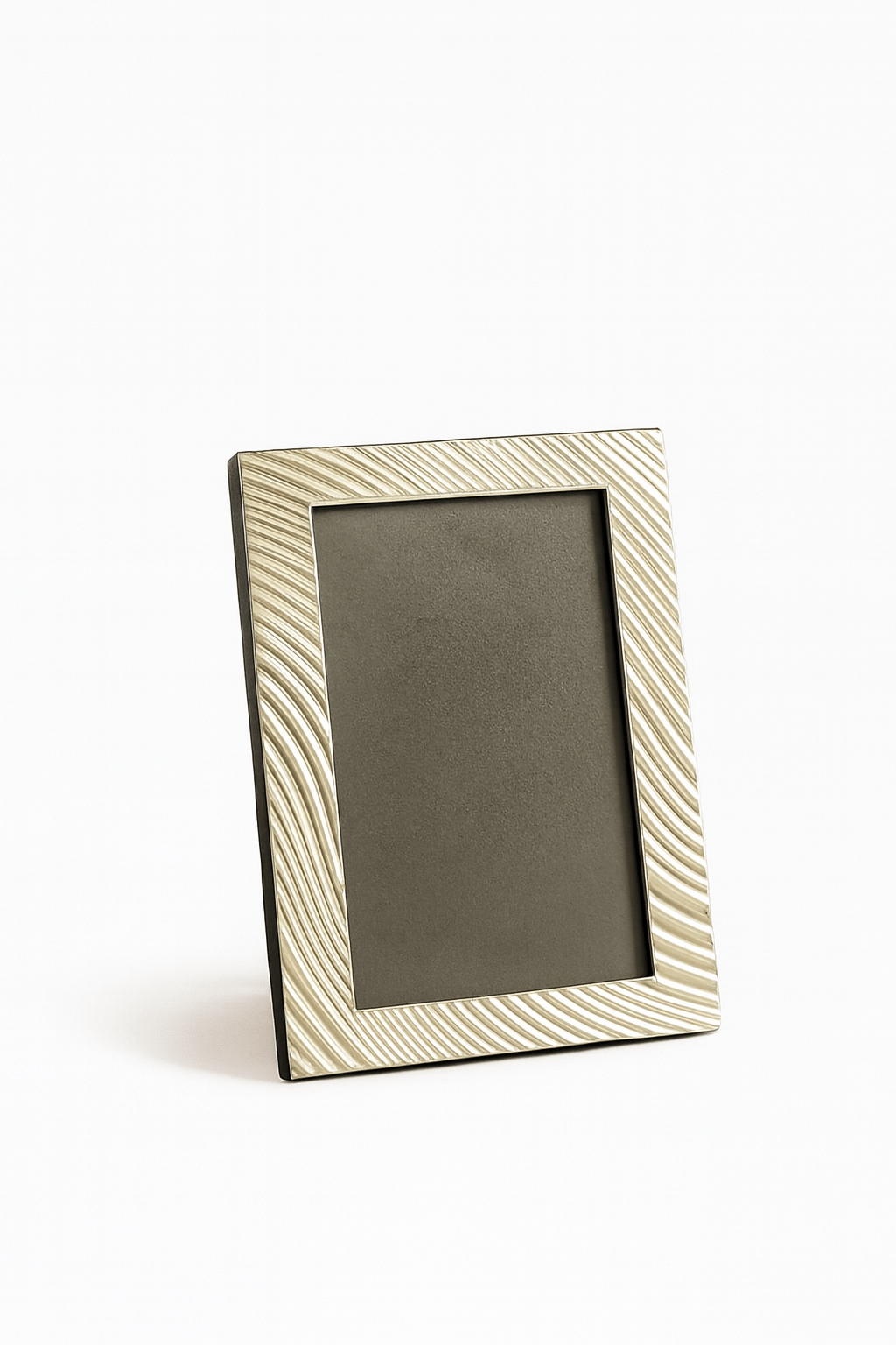 Fluid Photo Frame traces soft diagonal lines in a rippling wave pattern across the border of this silver frame - white background