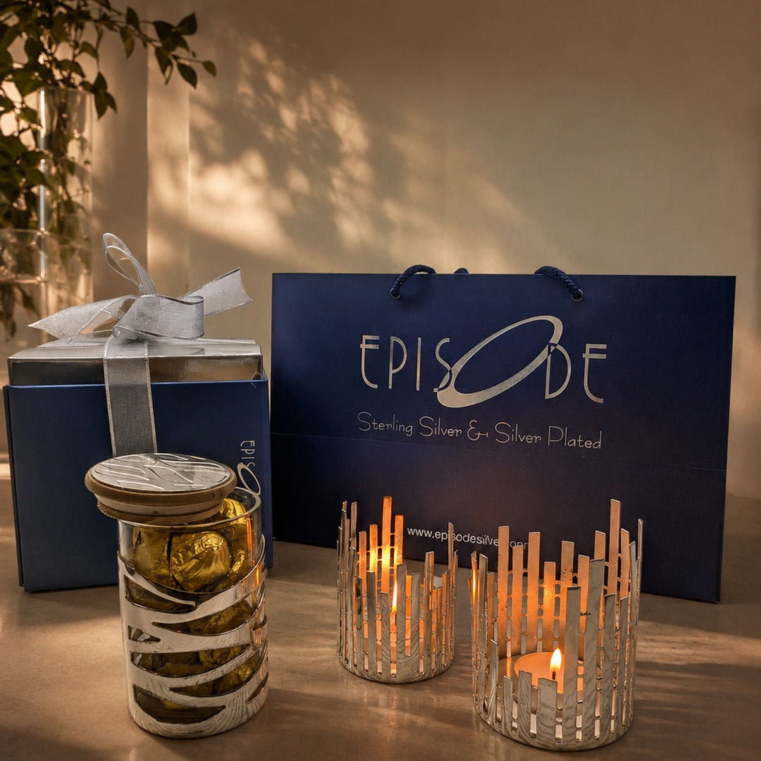 Rakhi Gift Set 6 - Graffiti Jar and Lamela Tea Light Holders with chocolates in an Episode gift box