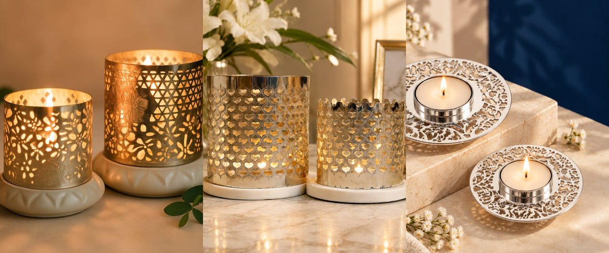 Silver votives and tealight holders lit for Diwali