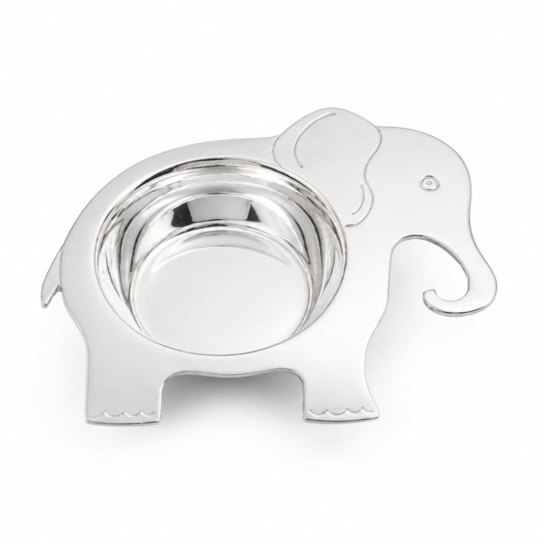 Elephant Baby Bowl is a silver baby bowl with a deep round well sunk into a flat elephant shaped surround. - white background