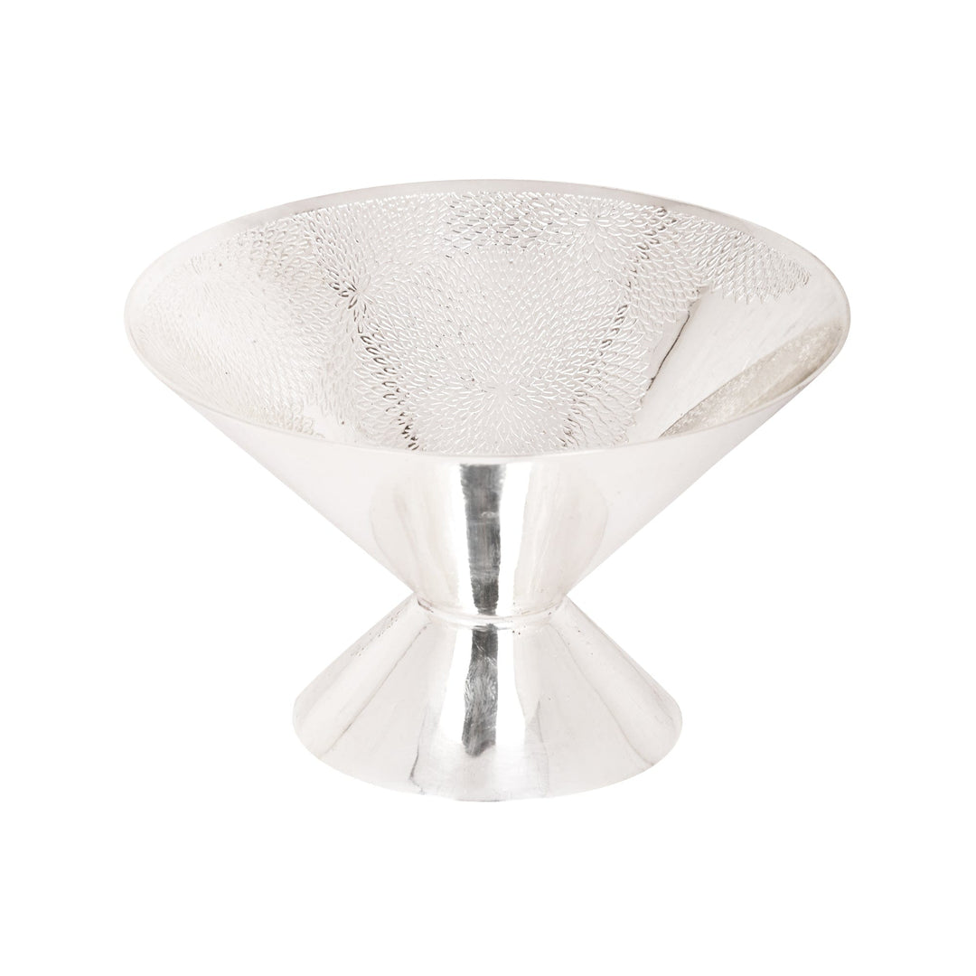 Nut Bowl Cone is a silver nut bowl taking a double cone shape for its hourglass silhouette – Small