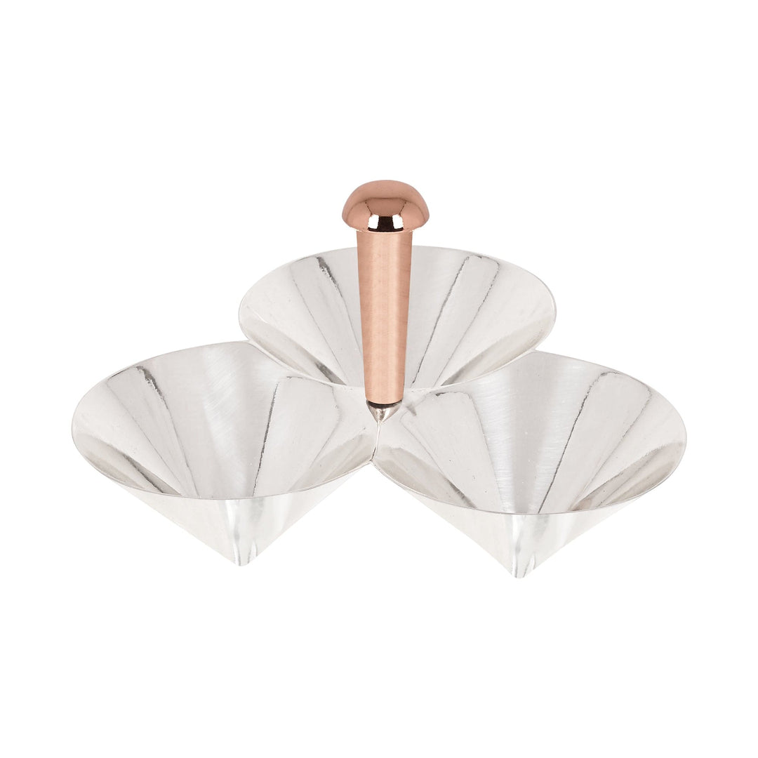Triple Nut Bowl Cone is a silver nut bowl that arranges three cones in a clover pattern, each joined at a central copper-toned handle – Small