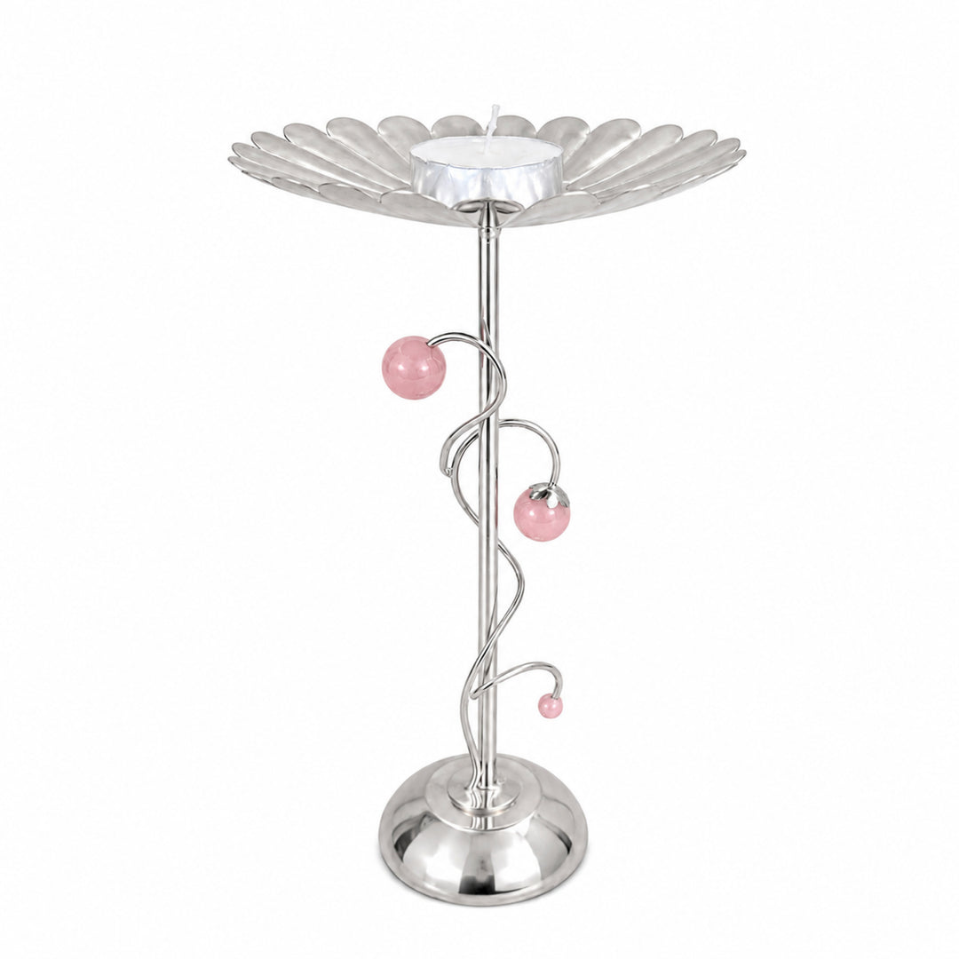 Fleur Floor Tealight Centerpiece is a silver tealight holder on a slim floor-standing stem, its daisy-petal dish holding a single tealight above a wire tendril set with pink stone beads - white background