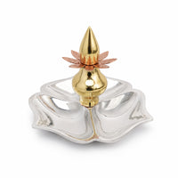 Kalash Diya is a silver diya with five petal-shaped oil wells set around a gold-toned kalash finial - white background