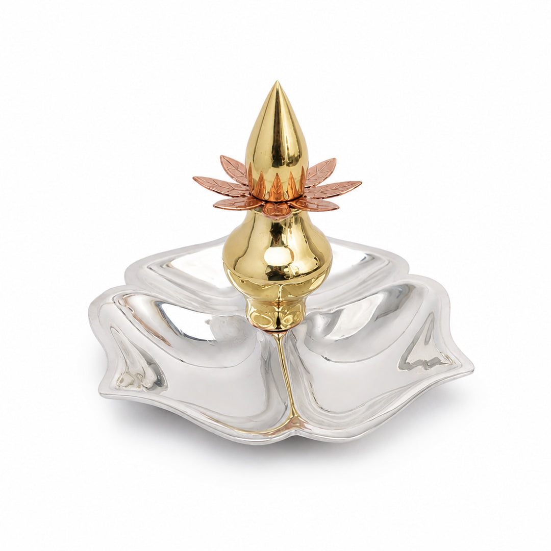 Kalash Diya is a silver diya with five petal-shaped oil wells set around a gold-toned kalash finial - white background